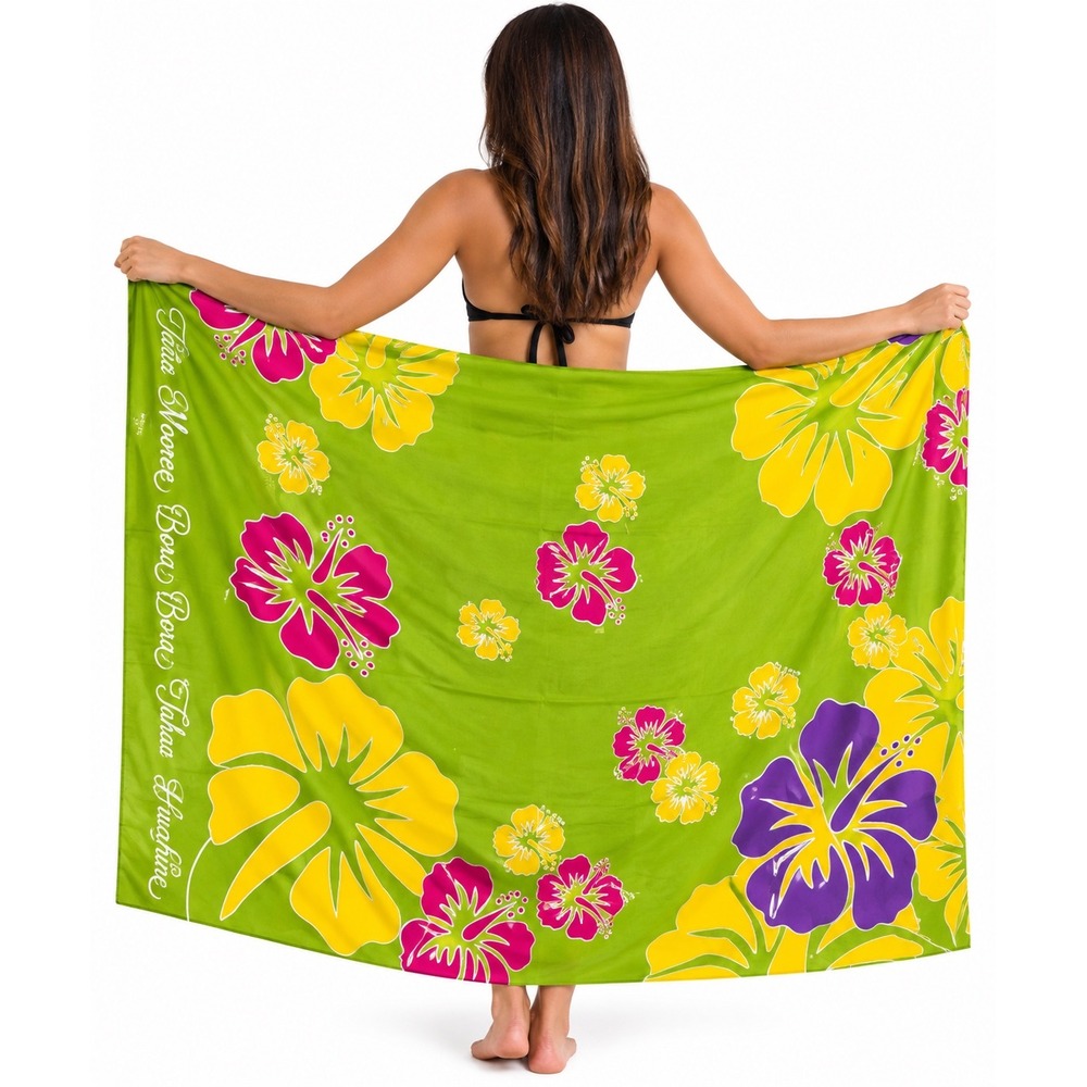 Tiare Tahiti Hand Painted Rayon Hibiscus Floral Sarong Pareo Wrap Lime Green